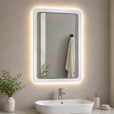 Illuminated rectangular wall mirror with LED light in modern bathroom