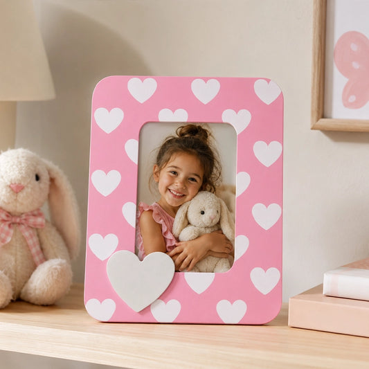 Pink kids heart design photo frame with child picture on bedroom shelf