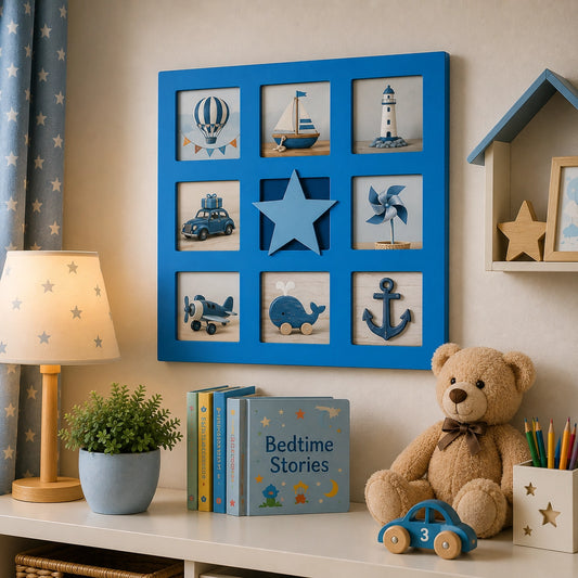Blue kids multi photo frame with star design and nautical pictures