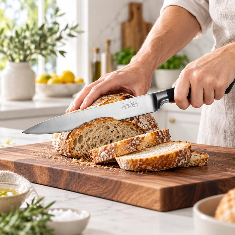 Black-handled kitchen knife slicing a loaf of fresh bread on a dark wooden cutting board