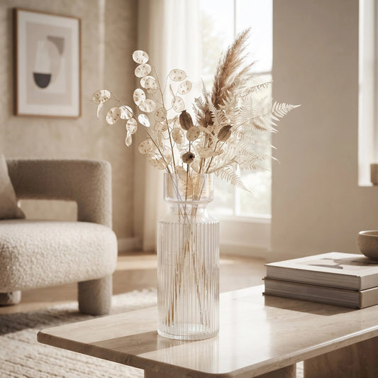 Large clear ribbed glass vase filled with dried botanical stems in a neutral living room