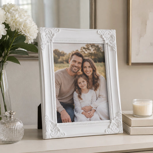 Large white photo frame with decorative border displaying family picture