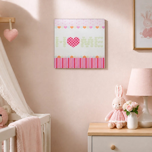Multicolour LOVE heart glass wall art displayed in a pastel pink nursery
