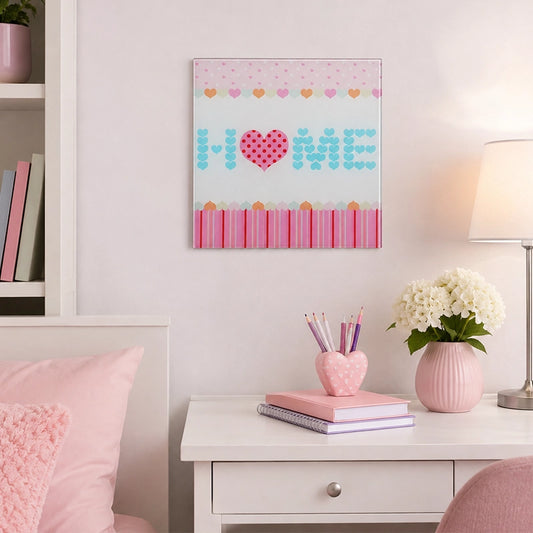 Multicolour heart glass wall art displayed above a white bedside table