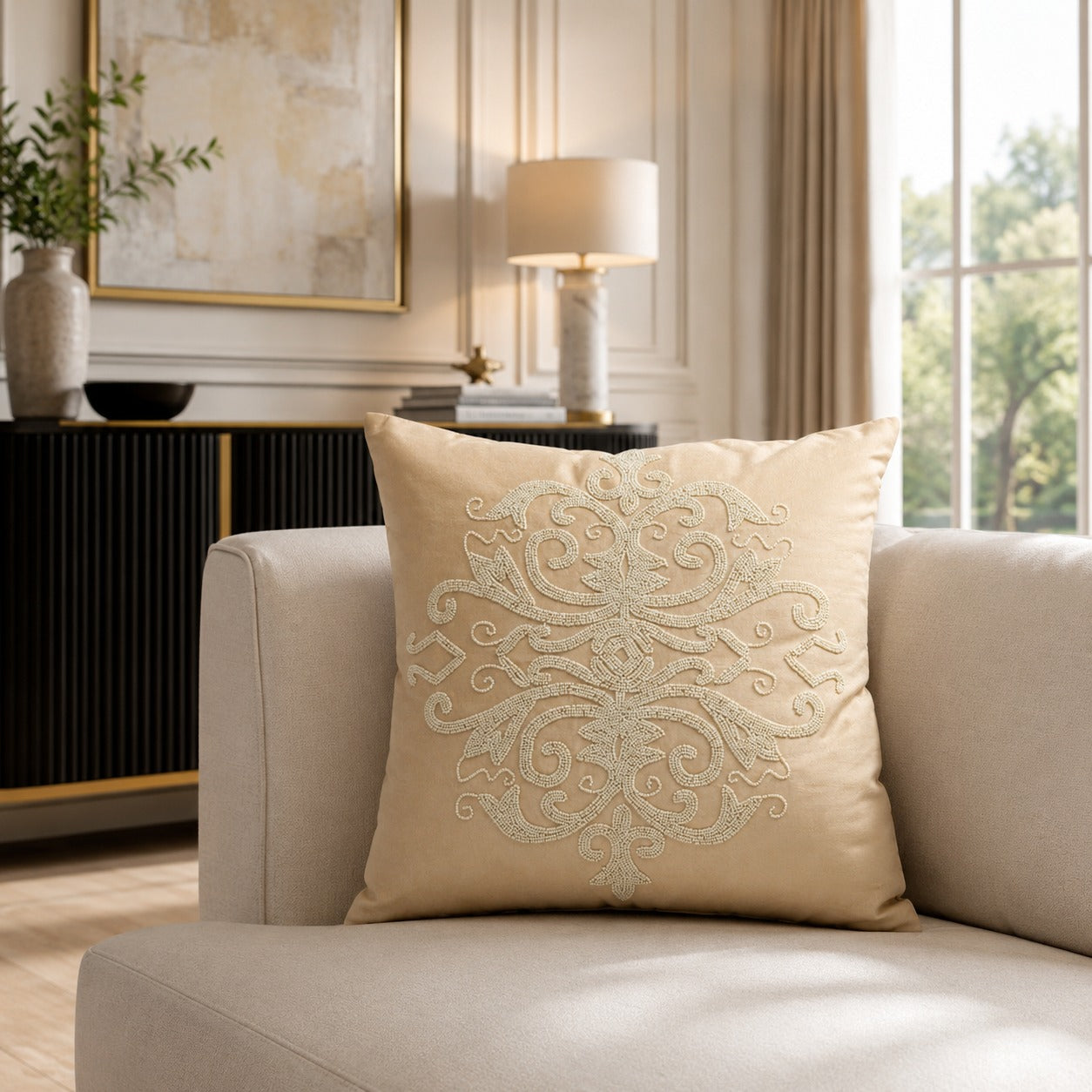 Natural beige decorative cushion with textured embroidered pattern on a cream sofa