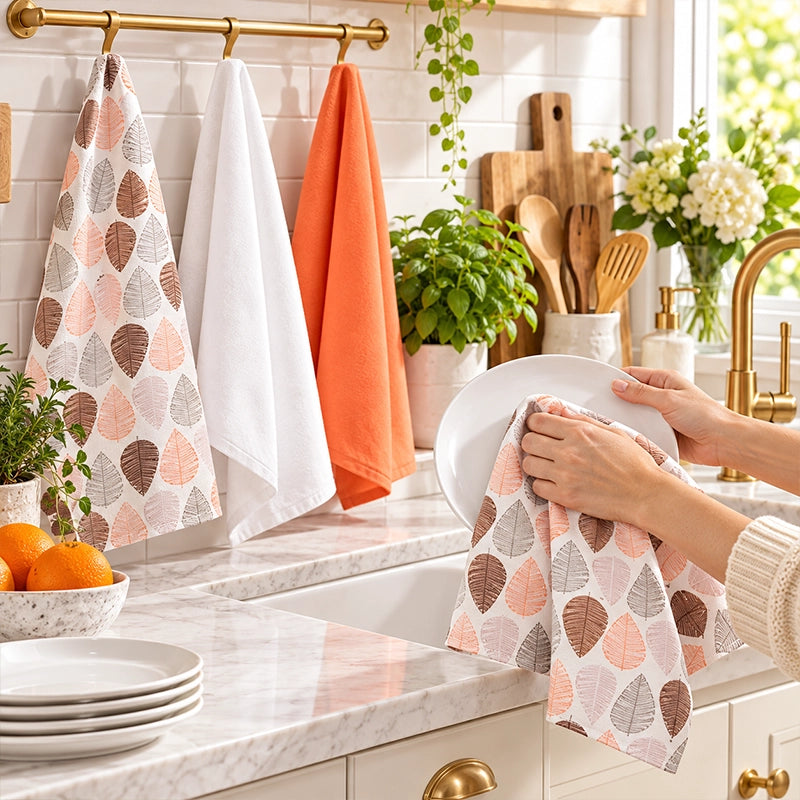 Orange and white leaf-print cotton kitchen tea towels displayed on a brass rail in a sunny kitchen
