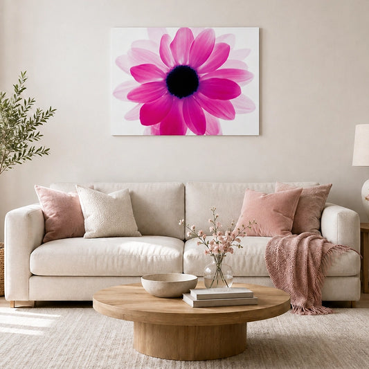 Pink floral wall art featuring a bold flower design displayed above a neutral living room sofa