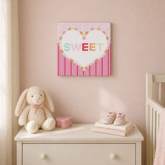 Pink SWEET heart glass wall art styled above a nursery chest with soft toys