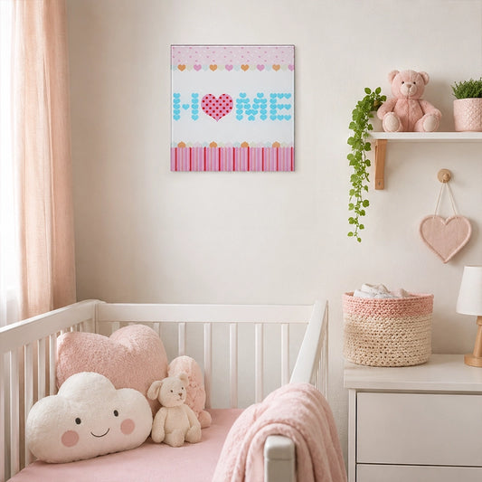 Pink HOME heart glass wall art displayed above a white cot in a pastel nursery