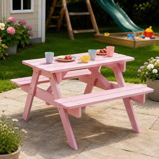 Pink children’s picnic table and bench set on outdoor patio