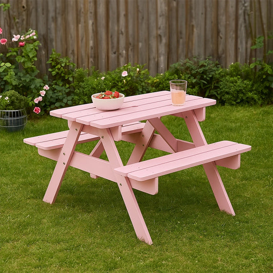 Pink kids picnic bench with table and seats in garden play area