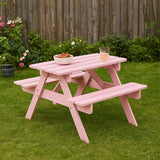 Pink kids picnic bench with table and seats in garden play area