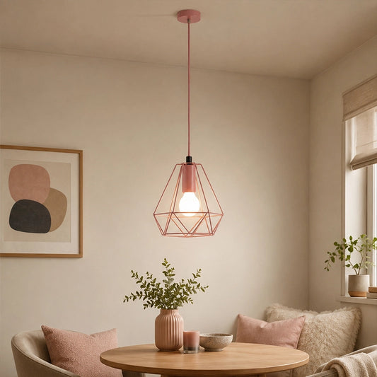 Pink metal pendant light hanging above sofa in modern living room