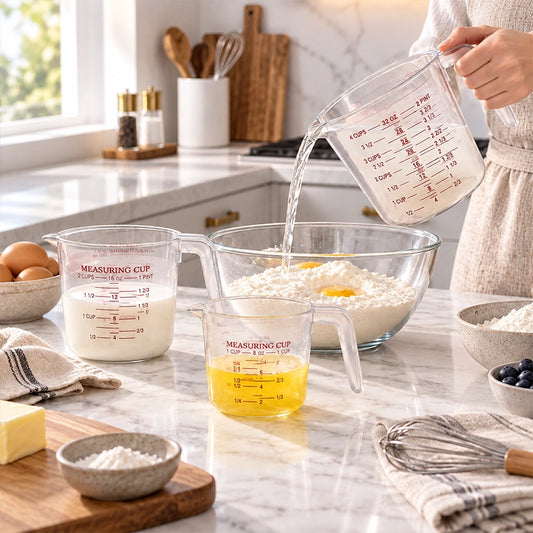 Clear plastic measuring jug being used for baking alongside eggs and flour on a kitchen counter