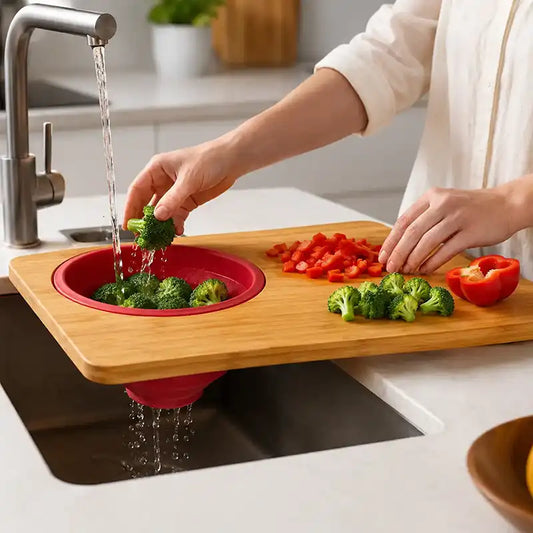 Rectangular bamboo cutting board with integrated red colander for washing and preparing vegetables