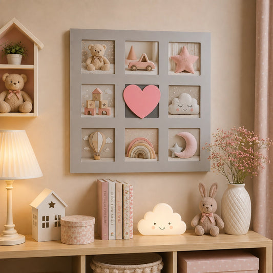 Red heart multi photo wall frame with nursery pictures in kids room