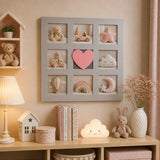 Red heart multi photo wall frame with nursery pictures in kids room