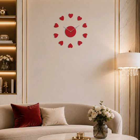 Red plastic heart wall clock above sofa in warm living room setting