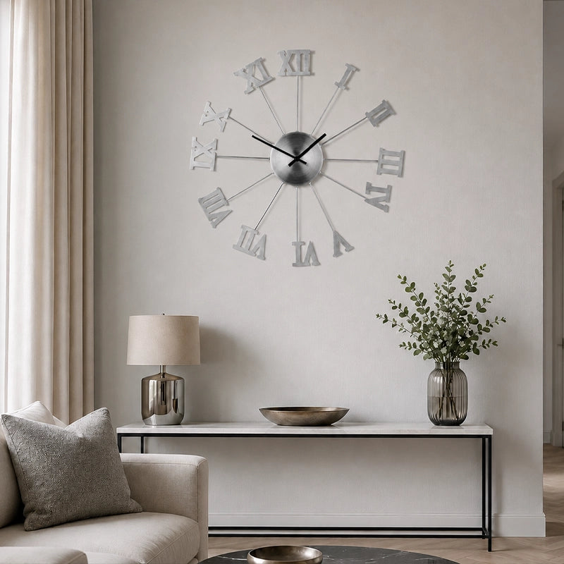 Roman numeral metal wall clock above sofa in neutral lounge setting