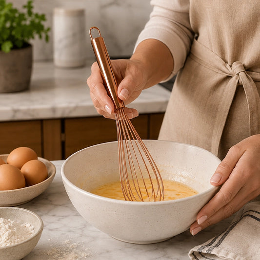 Rose gold kitchen whisk mixing batter in a ceramic bowl on a kitchen counter