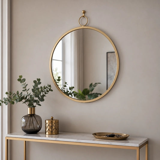 Round wall mirror with gold finish frame above bathroom vanity