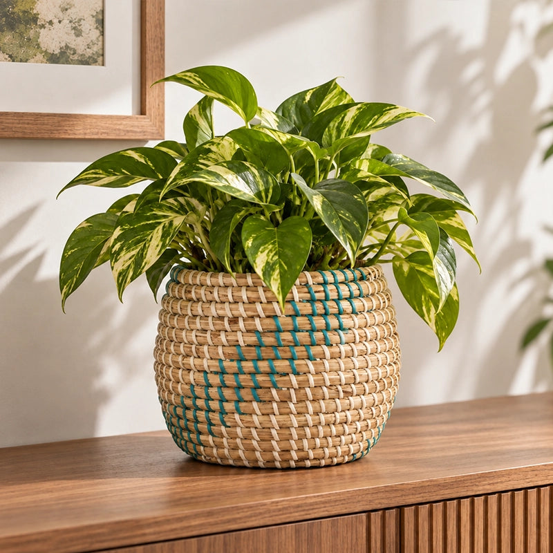 Woven seagrass indoor plant pot with a green plant styled on a bright neutral shelf