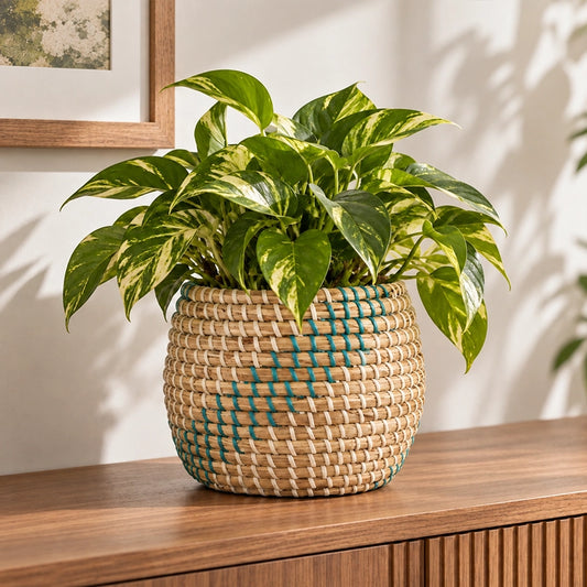 Woven seagrass indoor plant pot with a green plant styled on a bright neutral shelf