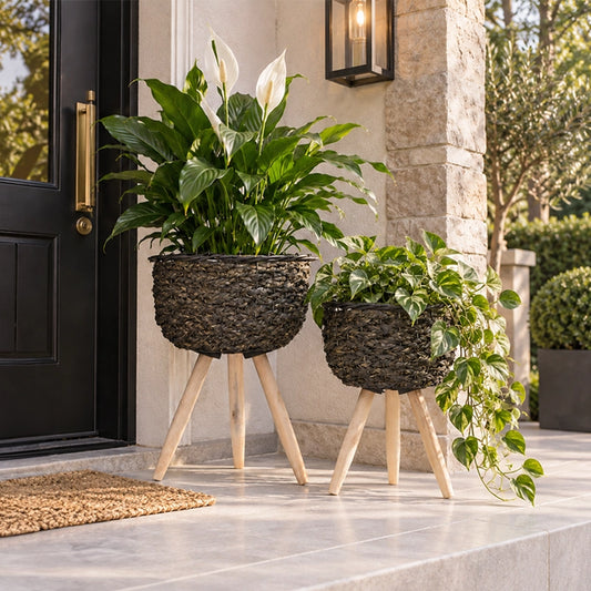 Set of two black indoor planters with lush green plants styled in a bright modern living room