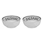 Set of two white ceramic dipping bowls with black balsamic lettering on the rim