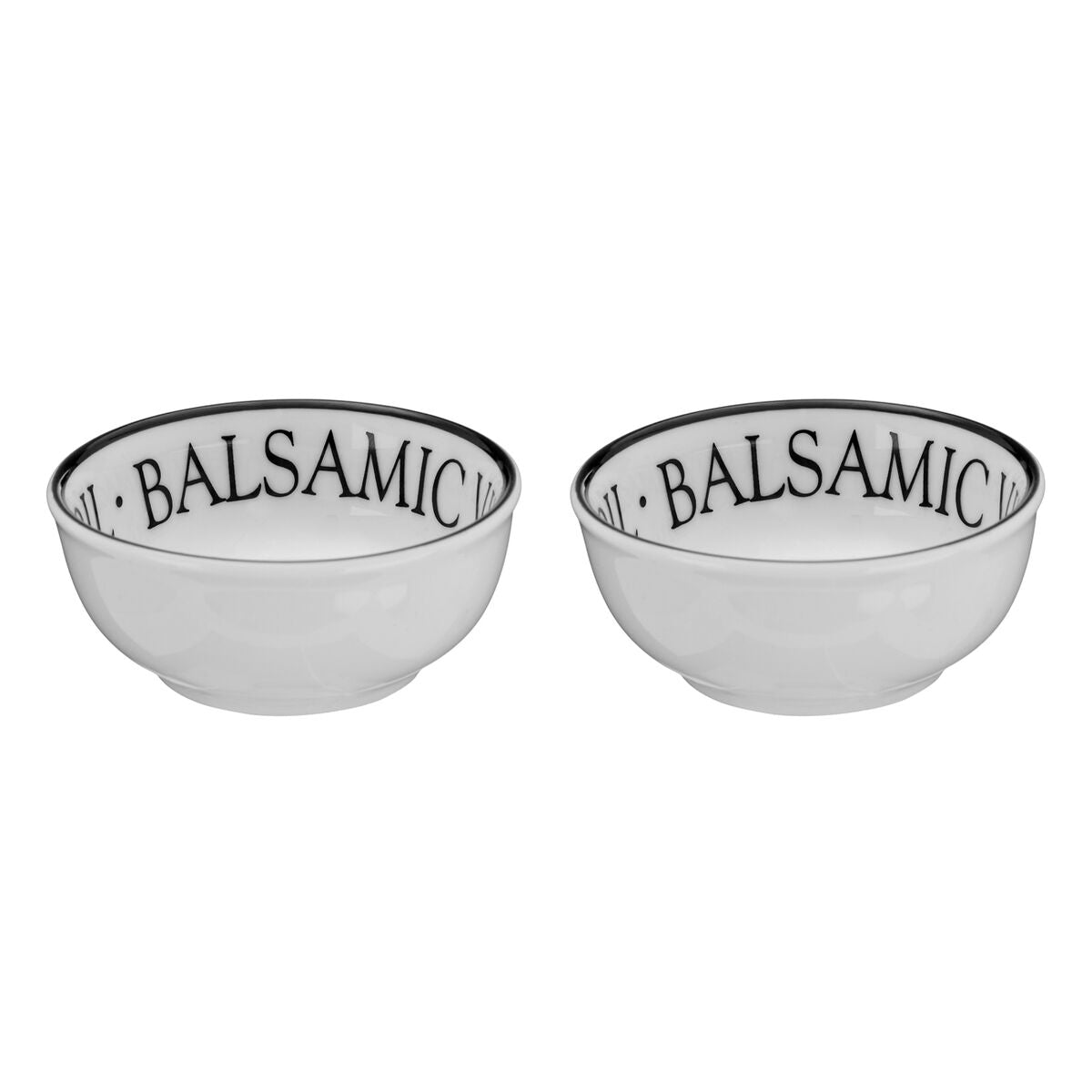 Set of two white ceramic dipping bowls with black balsamic lettering on the rim