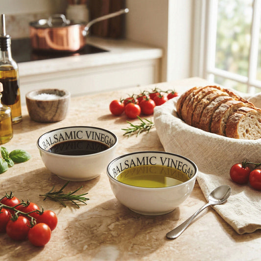 Set of two white dipping bowls with balsamic lettering styled with bread, tomatoes and condiments on a kitchen table