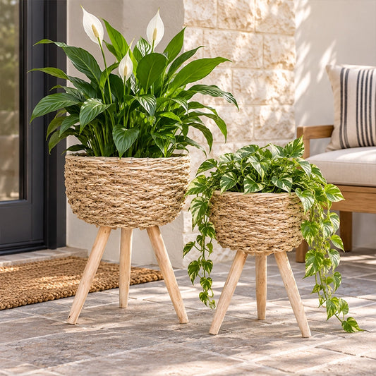 Set of two natural woven planters on wooden tripod stands with green indoor plants
