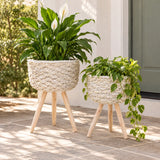 Set of two white planters on a wooden tripod stand with green plants in a modern interior