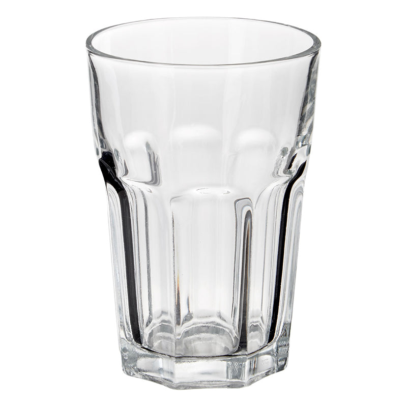 Set of 4 clear glass tumblers with a simple, elegant design, ideal for everyday use.