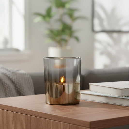 Silver and smoked glass tealight candle holder with lit candle on a wooden side table