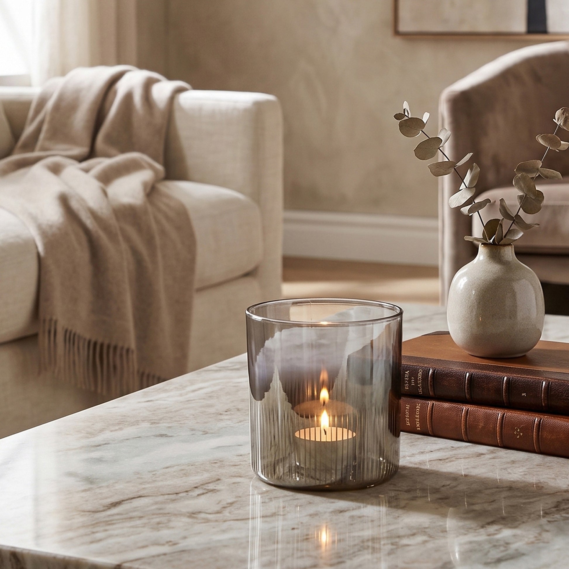 Silver glass tealight candle holder with warm lit candle displayed on a marble coffee table