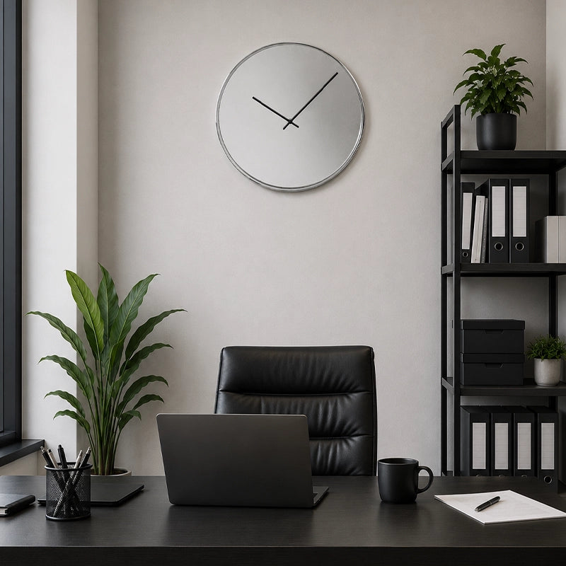 Silver wall clock above black office desk with shelving and plant