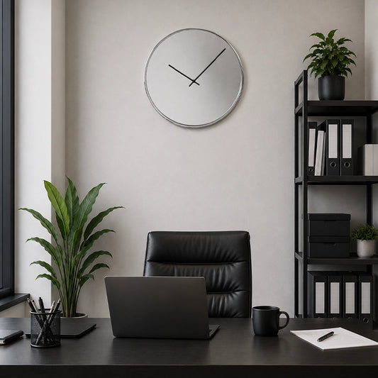 Silver wall clock above black office desk with shelving and plant