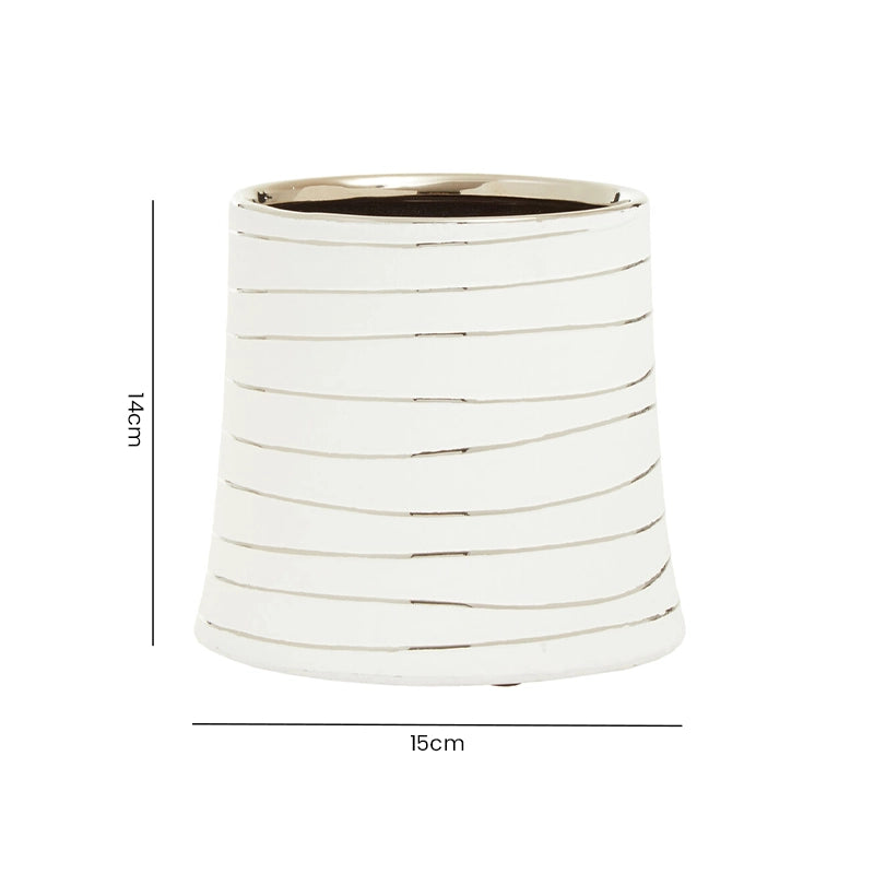 Dimension guide for a small white ribbed ceramic planter showing 14cm height and 15cm width measurements