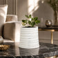 Small white ribbed ceramic planter with a green plant on a marble surface indoors
