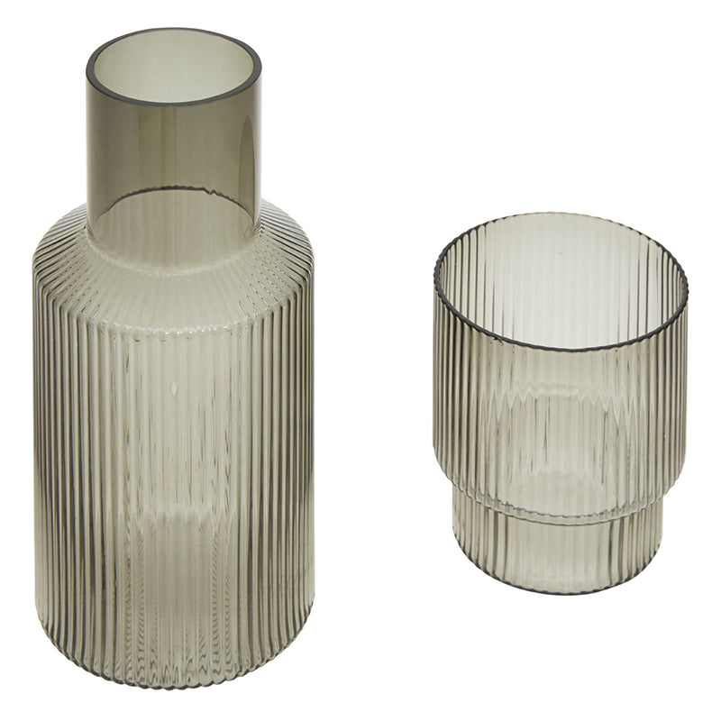 Smoke Grey Glass Carafe and Tumbler Set, elegant tableware for serving water and beverages in style.