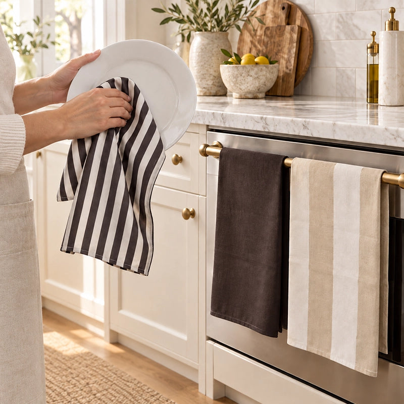 Black white and grey striped cotton kitchen tea towels hanging on an oven door handle