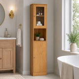 Tall wooden bathroom storage cabinet with shelves beside bathtub