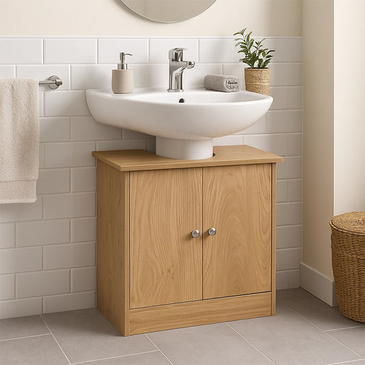 Wooden under sink bathroom cabinet with double doors below basin