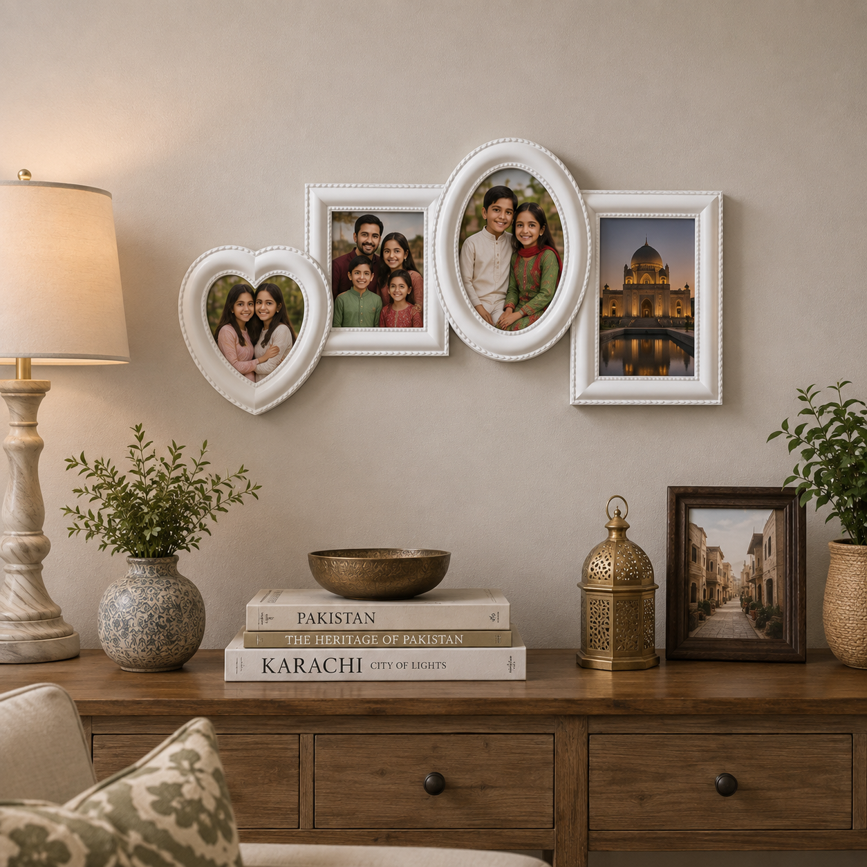 White 4 photo collage frame with family pictures above wooden cabinet