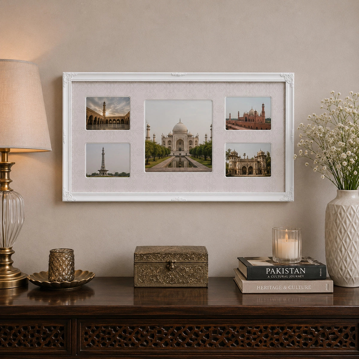 White 5 photo collage frame with landmark photos above console table