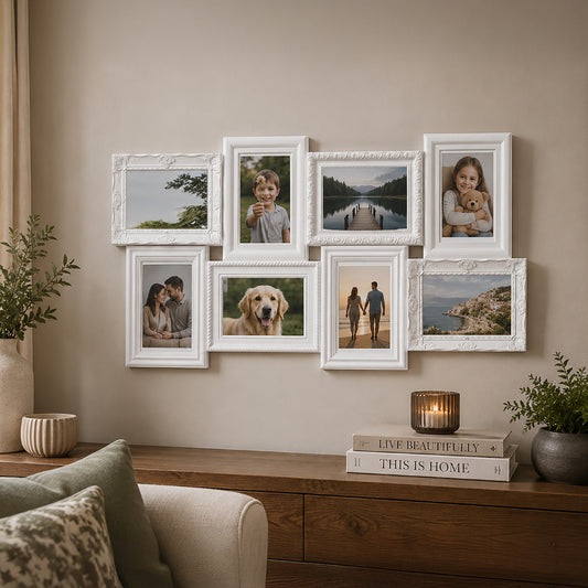 White 8 photo collage frame mounted above console table in living room
