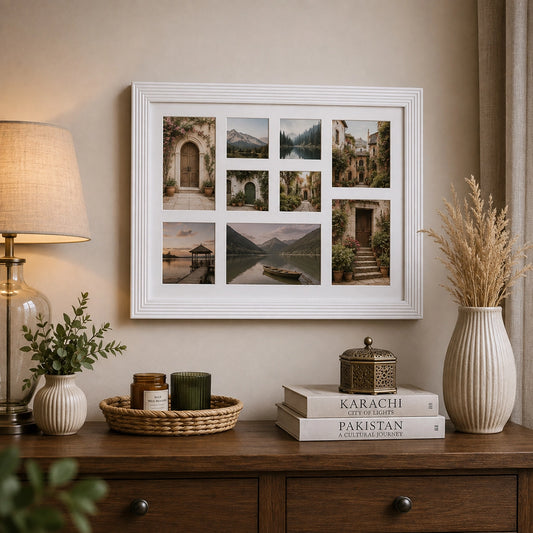 White 9 photo collage frame with travel pictures above wooden cabinet