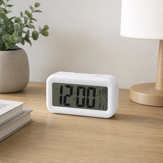 White digital clock on wooden side table beside neutral sofa