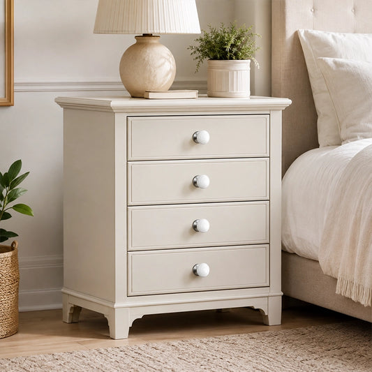 White round drawer knobs fitted to a white bedside chest of drawers